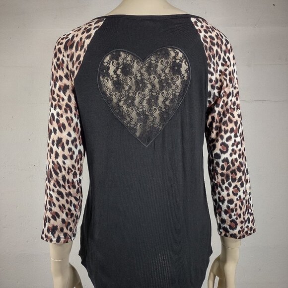 Betsey Johnson black animal print lace heart long sleeve shirt blouse Medium - Picture 4 of 7